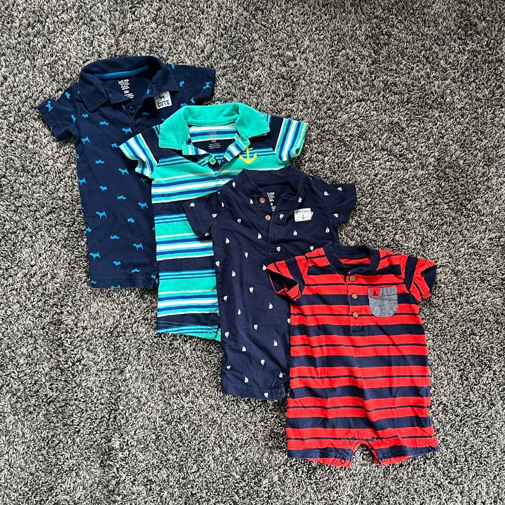 ❌SOLD❌ 6mo Baby Boy Romper Set of 4 - Navy, Red, and Stripes